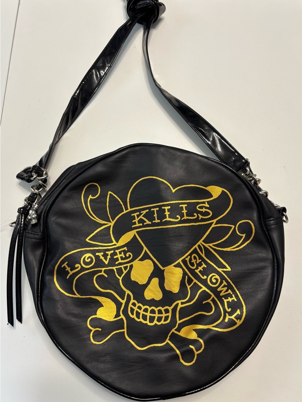 Ed Hardy Black Crossbody Bag with Yellow Skull Heart Graphic
